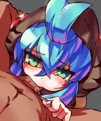 Rule 34 | 1boy, 1girl, a-tuy, absurdres, ahoge, blue hair, blush, clothed female nude male, fellatio, from above, hetero, highres, hood, kemono friends, nude, oral, penis, pov, tears, tsuchinoko (kemono friends)