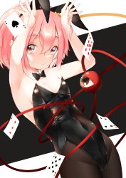 Rule 34 | 1girl, absurdres, ace (playing card), ace of spades, alternate costume, animal ears, armpits, arms up, black bow, black bowtie, black pantyhose, blush, bow, bowtie, breasts, card, club (shape), collarbone, commentary request, covered navel, detached collar, diamond (shape), fake animal ears, fingernails, hair between eyes, heart, highres, komeiji satori, leotard, pantyhose, pink eyes, pink hair, playboy bunny, playing card, rabbit ears, ri-el, sidelocks, small breasts, solo, spade (shape), standing, string, third eye, touhou, upper body, wing collar