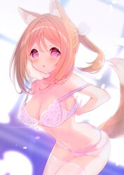 Rule 34 | 1girl, absurdres, animal ear fluff, animal ears, bare shoulders, blurry, blurry background, blush, bra, breasts, brown hair, character request, chestnut mouth, cleavage, collarbone, depth of field, hair between eyes, hair ribbon, highres, large breasts, leaning forward, looking at viewer, mofu-mofu after school, mofumofu channel, navel, p19, panties, parted lips, ponytail, purple bra, purple panties, ribbon, sidelocks, solo, tail, thighhighs, underwear, undressing, white ribbon, white thighhighs