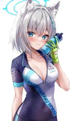 Rule 34 | 1girl, animal ear fluff, animal ears, arm behind back, blue archive, blue eyes, bottle, breasts, cat ears, cat girl, cleavage, collarbone, covered navel, cross hair ornament, cycling uniform, gloves, green gloves, grey hair, hair ornament, halo, highres, holding, holding bottle, looking at viewer, marisasu (marisa0904), medium breasts, medium hair, mismatched pupils, revision, shiroko (blue archive), shiroko (cycling) (blue archive), simple background, solo, upper body, water bottle, white background