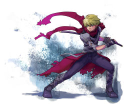 Rule 34 | 1boy, armor, armored boots, assassin (ragnarok online), bandages, black gloves, blonde hair, blue eyes, boots, cape, closed mouth, commentary request, fighting stance, fingerless gloves, full body, gloves, hair between eyes, holding, holding sword, holding weapon, katana, looking afar, male focus, pants, pauldrons, purple pants, purple shirt, ragnarok online, red cape, red scarf, scarf, sezaki takumi, shirt, short hair, shoulder armor, solo, sword, torn cape, torn clothes, torn scarf, waist cape, weapon