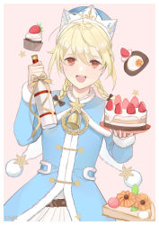 Rule 34 | 1girl, absurdres, alcohol, artist name, bad id, bad pixiv id, bell, blonde hair, blue coat, bottle, braid, cake, chilli 646, coat, food, girls&#039; frontline, highres, holding, holding bottle, holding cake, holding food, long hair, long sleeves, looking at viewer, low twintails, nagant revolver (girls&#039; frontline), nagant revolver (rouge snow princess) (girls&#039; frontline), neck bell, official alternate costume, open mouth, pink background, red eyes, smile, solo, teeth, twin braids, twintails, upper body, upper teeth only, vodka