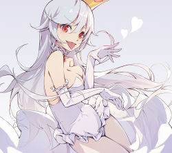 Rule 34 | 1girl, bare legs, bare shoulders, breasts, cleavage, crown, dress, elbow gloves, fangs, gloves, leotard, long hair, looking at viewer, luigi&#039;s mansion, mario (series), medium breasts, nian (zhanian), nintendo, princess king boo, red eyes, silver hair, solo, super crown, tongue, tongue out, v-shaped eyebrows, very long hair, white dress