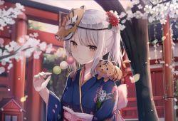 Rule 34 | 1girl, animal, animal on shoulder, backlighting, blue kimono, blurry, blurry background, blush, commentary, dango, floral print, flower, food, grey hair, hair flower, hair ornament, head tilt, highres, holding, holding food, japanese clothes, kimono, light smile, looking at viewer, mask, mask on head, original, outdoors, red flower, short ponytail, shrine, sidelocks, smile, solo, stuffed animal, stuffed tiger, stuffed toy, tiger mask (object), torii, touhourh, tree, upper body, wagashi, white flower, yellow eyes