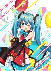 Rule 34 | 1girl, 39, ;d, absurdres, aqua bow, aqua hair, balloon, bare shoulders, black sleeves, blue eyes, blush, bow, commentary, confetti, cube, detached sleeves, dress, hair bow, hatsune miku, highres, holding, holding balloon, holding microphone stand, hoop skirt, long hair, magical mirai (vocaloid), magical mirai miku, magical mirai miku (2018), megaphone, meruko-san, microphone stand, multicolored clothes, multicolored dress, number tattoo, one eye closed, open mouth, sailor collar, shoulder tattoo, smile, tattoo, teeth, twintails, upper teeth only, very long hair, vocaloid, yellow bow