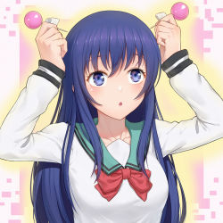 Rule 34 | 1girl, :o, anarchojs, blue eyes, blue hair, chinese commentary, commentary request, glowing, highres, long hair, saiki kusuo no psi nan, school uniform, simple background, solo, teruhashi kokomi, upper body