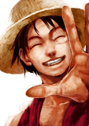 Rule 34 | 1boy, brown hair, grin, happy, hat, lack, male focus, monkey d. luffy, one piece, outstretched arm, outstretched hand, painterly, realistic, scar, smile, solo, straw hat, vest