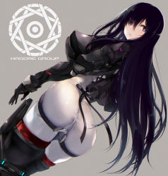 Rule 34 | alice gear aegis, ass, black gloves, black hair, blush, covered erect nipples, english text, gloves, glowing, grey background, highres, kagome misaki, long hair, looking back, mole, mole under eye, original, parted lips, purple eyes, puru (ex-150), red pupils, simple background, solo, tight clothes