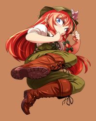 Rule 34 | 1girl, blue eyes, blush, boots, brown background, from below, green overalls, hat ornament, hong meiling, kicking, kung fu, leather, leather boots, open mouth, overalls, red hair, shimizu pem, shirt, simple background, solo, star (symbol), touhou, white shirt