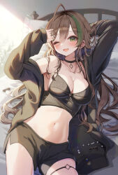 Rule 34 | 1girl, ;d, ahoge, arm behind head, arm up, armpits, bare shoulders, black choker, black jacket, black shirt, black shorts, breasts, brown hair, camisole, choker, cleavage, cowboy shot, crop top, ear piercing, green eyes, green nails, hand up, hibiki (kudou), highres, jacket, jewelry, kudou (sikisiki0000), lace trim, large breasts, long hair, long sleeves, looking at viewer, lying, midriff, mole, mole on breast, multicolored hair, nail polish, navel, necklace, off shoulder, on back, one eye closed, open clothes, open jacket, open mouth, original, piercing, pillow, shirt, short shorts, shorts, skindentation, sleeveless, sleeveless shirt, smile, solo, spaghetti strap, stomach, streaked hair, thigh strap, thighs