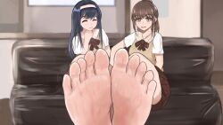 Rule 34 | 2girls, ^ ^, barefoot, black hair, blush, brown eyes, brown hair, closed eyes, copyright request, couch, facing viewer, feet, foot focus, hairband, highres, long hair, looking at viewer, multiple girls, open mouth, ponytail, school uniform, sitting, smile, soles, source request, steam, sweat, toes
