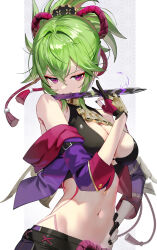 Rule 34 | 1girl, absurdres, black nails, body markings, breasts, cleavage, commentary request, crop top, cropped jacket, electricity, genshin impact, gloves, green hair, hair between eyes, hair ornament, hand on own hip, hand up, highres, jacket, knife in mouth, kuki shinobu, looking at viewer, medium breasts, midriff, mouth hold, navel, off shoulder, partially fingerless gloves, purple eyes, purple jacket, rope, scottie (phantom2), shimenawa, short ponytail, simple background, solo, stomach, tassel, tattoo, upper body, white background