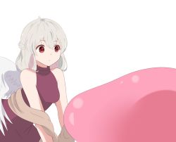 Rule 34 | 1girl, bad id, bad pixiv id, bare arms, bare shoulders, blob, braid, breasts, commentary, cowboy shot, dress, english commentary, feathered wings, french braid, hair between eyes, highres, kishin sagume, medium breasts, purple dress, red eyes, shawl, short hair, silver hair, simple background, single wing, sleeveless, sleeveless dress, solo, touhou, turtleneck, turtleneck dress, white background, white wings, wings, yukome