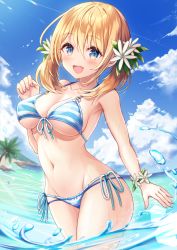 Rule 34 | 1girl, :d, bare arms, bare shoulders, bikini, blonde hair, blue bikini, blue eyes, bracelet, breasts, cleavage, collarbone, day, front-tie bikini top, front-tie top, groin, halterneck, hand up, highres, jewelry, large breasts, long hair, looking at viewer, multi-strapped bikini, navel, open mouth, original, outdoors, sakura ani, side-tie bikini bottom, smile, solo, stomach, string bikini, striped bikini, striped clothes, summer, sunlight, swimsuit, thighs, twintails, wading, water