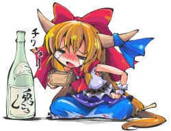 Rule 34 | 1girl, belt, blonde hair, blush, bottle, bow, closed eyes, commentary request, crying, hair bow, horn ornament, horn ribbon, horns, ibuki suika, indian style, open mouth, ribbon, sake bottle, shinapuu, shirt, simple background, sitting, skirt, sleeveless, sleeveless shirt, solo, streaming tears, tears, touhou, translation request, white background, wrist cuffs
