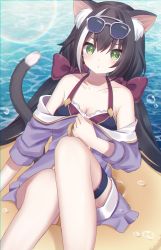 Rule 34 | 1girl, :&lt;, absurdres, animal ear fluff, animal ears, bare shoulders, bikini, bikini under clothes, black hair, blue bikini, blush, bow, breasts, cat ears, cat girl, cat tail, cleavage, closed mouth, collarbone, commentary request, day, eyewear on head, green eyes, grey-framed eyewear, hair bow, highres, innertube, jacket, karyl (princess connect!), karyl (summer) (princess connect!), knees up, long hair, long sleeves, looking at viewer, low twintails, medium breasts, multicolored hair, off shoulder, outdoors, princess connect!, purple bow, purple jacket, sapphire (sapphire25252), short shorts, shorts, solo, streaked hair, sunglasses, swim ring, swimsuit, tail, tears, twintails, very long hair, water, white hair, white shorts