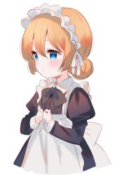 Rule 34 | 1girl, apron, black bow, black dress, blonde hair, blue eyes, blush, bow, closed mouth, collared dress, dress, frilled apron, frilled hairband, frills, hair between eyes, hair bun, hairband, highres, juliet sleeves, long sleeves, looking away, maid, maid apron, meito (maze), original, own hands together, puffy sleeves, simple background, single hair bun, sleeves past wrists, solo, white apron, white background, white hairband