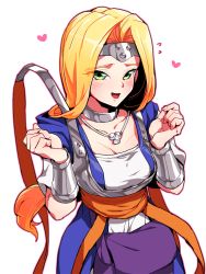Rule 34 | 1girl, :d, blonde hair, blue dress, blush, bracer, breasts, circlet, cleavage, commentary request, dragon quest, dragon quest vi, dress, green eyes, heart, jewelry, large breasts, long hair, looking at viewer, mireyu, necklace, nekobayashi (nekoforest), open mouth, orange ribbon, pouch, ribbon, simple background, smile, solo, square enix, suno (imydream), white background
