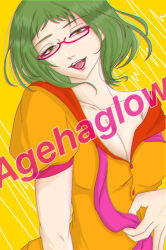 Rule 34 | 1girl, ageha glow (vocaloid), breasts, cleavage, collarbone, commentary request, glasses, green eyes, green hair, gumi, hachinosu2341, looking at viewer, medium breasts, off shoulder, open mouth, orange shirt, pink-framed eyewear, puffy sleeves, semi-rimless eyewear, shirt, short bangs, short hair, short sleeves, smile, solo, song name, tongue, under-rim eyewear, vocaloid, yellow background