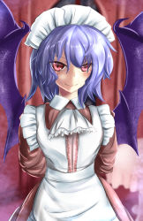Rule 34 | 1girl, alternate costume, apron, arms behind back, bat wings, cowboy shot, curtains, dress, enmaided, hair between eyes, highres, indoors, light purple hair, looking at viewer, maid, maid apron, maid headdress, red dress, red eyes, remilia scarlet, short hair, sinkai, slit pupils, smile, solo, touhou, wings