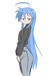Rule 34 | 1girl, absurdres, aged up, ahoge, ass, blue hair, commentary, flat chest, from side, green eyes, half-closed eyes, highres, izumi konata, long hair, looking at viewer, lucky star, pants, simple background, smirk, standing, sweater, very long hair, white background, zlix0n