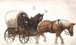 Rule 34 | 1boy, bird, boots, canteen, cat, covered wagon, feathers, hat, highres, holding, holding whip, horse, ironlily, original, reins, saddle, sheath, sitting, smoking pipe, spurs, sword, wagon, weapon, wheel, white background, wood