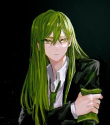 Rule 34 | 1boy, armband, black background, choroi amachori, collared shirt, green armband, green hair, green necktie, hand on own arm, highres, lobotomy corporation, long hair, looking to the side, necktie, netzach (project moon), parted lips, project moon, shirt, sidelocks, simple background, solo, white shirt, yellow eyes