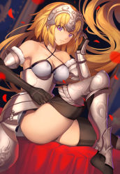 Rule 34 | 1girl, armor, bare shoulders, black gloves, black thighhighs, blonde hair, breasts, cleavage, fate/grand order, fate (series), gauntlets, gloves, headpiece, highres, jeanne d&#039;arc (fate), jeanne d&#039;arc (ruler) (fate), jeanne d&#039;arc (third ascension) (fate), light smile, long hair, looking at viewer, medium breasts, petals, purple eyes, sitting, solo, thighhighs, tsuki suigetsu, very long hair