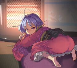 Rule 34 | 1girl, ahoge, ass, barefoot, blush, closed mouth, dated, feet, heater, japanese clothes, kimono, long sleeves, no headwear, obi, purple hair, red eyes, red kimono, sash, short hair, soles, solo, sukuna shinmyoumaru, syope, toes, touhou, twitter username, wide sleeves