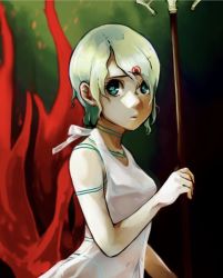 Rule 34 | 1girl, breath of fire, breath of fire v, closed mouth, dress, facial mark, full-body tattoo, green hair, highres, looking at viewer, navel, nina (breath of fire v), red wings, sakura to sora, see-through, short hair, simple background, solo, tattoo, weapon, white dress, wings