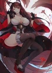 Rule 34 | 1girl, absurdres, akagi (azur lane), animal ear fluff, animal ears, azur lane, bad id, bad pixiv id, bare shoulders, black gloves, black thighhighs, breasts, cleavage, collarbone, commentary, english commentary, erospanda, fox ears, fox tail, gloves, hair over shoulder, highres, japanese clothes, kimono, kitsune, large breasts, long hair, looking at viewer, one eye closed, red eyes, red footwear, red skirt, short sleeves, skirt, smile, solo, tail, thighhighs, wide sleeves