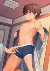 Rule 34 | 2boys, :/, abs, bare pectorals, bare shoulders, blue boxer briefs, blue male underwear, blush, boxer briefs, brown eyes, brown hair, bulge, collarbone, hair between eyes, hands up, highres, indoors, japanese clothes, kimono, kneeling, male focus, male underwear, multiple boys, navel, nayoshi (r-744), nipples, off shoulder, open clothes, open kimono, original, pectorals, short hair, solo focus, striped clothes, striped kimono, underwear, undressing, vertical stripes, wide sleeves, yaoi, yukata