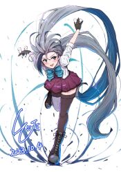 Rule 34 | 1girl, ahoge, aqua bow, aqua bowtie, asymmetrical legwear, black gloves, black thighhighs, boots, bow, bowtie, cross-laced footwear, gloves, grey eyes, grey hair, grey pantyhose, grey thighhighs, hair between eyes, highres, holding, holding shell, kantai collection, kiyoshimo (kancolle), lace-up boots, ld (luna dial398), long hair, low twintails, mismatched legwear, open mouth, original remodel (kantai collection), pantyhose, school uniform, shell, solo, standing, standing on one leg, thighhighs, twintails, very long hair