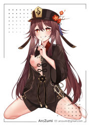 Rule 34 | 1girl, arczumi, breasts, brown hair, chinese clothes, flower, genshin impact, hat, hat flower, hu tao (genshin impact), jewelry, looking at viewer, nipples, no bra, one breast out, ring, short shorts, shorts, smile, symbol-shaped pupils, teeth, top hat, twintails, watermark