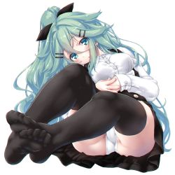 Rule 34 | 1girl, ass, black ribbon, black thighhighs, blush, breasts, buttons, cameltoe, collared shirt, dd (ijigendd), green eyes, green hair, hair between eyes, hair ornament, hair ribbon, hairclip, highres, kantai collection, long hair, long sleeves, looking at viewer, medium breasts, no shoes, open mouth, panties, pantyshot, ponytail, ribbon, shirt, simple background, sitting, solo, thighhighs, underwear, white background, white panties, white shirt, yamakaze (kancolle)