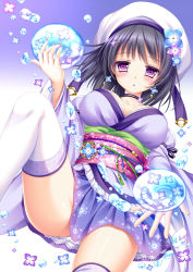 Rule 34 | 1girl, black hair, blush, breasts, cleavage, earrings, flower, hair flower, hair ornament, hat, highres, hydrangea, japanese clothes, jewelry, kimono, kimono skirt, knee up, large breasts, nail polish, original, purple eyes, shiny skin, shitou, solo, thighhighs, water drop, white thighhighs