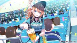 Rule 34 | 1girl, :d, alcohol, baseball cap, beer, black bow, blue eyes, blue headwear, blue shirt, blue skirt, blush, bow, brown hair, collared shirt, commentary request, confetti, copyright notice, cup, ear piercing, hair between eyes, hair bow, hair bun, hair ornament, hairclip, hat, holding, holding cup, igarashi rika, long hair, looking at viewer, misumi (macaroni), multicolored hair, nijisanji, official art, one side up, open mouth, outdoors, people, piercing, pleated skirt, shirt, short sleeves, single side bun, skirt, smile, solo focus, star (symbol), star hair ornament, streaked hair, virtual youtuber, watermark, white hair