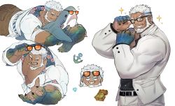 Rule 34 | 1boy, abs, aegir (housamo), bara, bare pectorals, beard, blue eyes, brown shorts, chibi, collage, cropped torso, dark-skinned male, dark skin, earrings, facial hair, fins, glasses, jewelry, large pectorals, male focus, manly, multiple views, muscular, official alternate costume, one eye closed, open clothes, open shirt, pectoral cleavage, pectorals, sdz (inazuma), short hair, shorts, single earring, sparkle, stuffed toy, tokyo houkago summoners, treasure chest, white hair