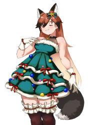 Rule 34 | 1girl, animal ears, bare shoulders, black choker, black thighhighs, brown hair, choker, christmas tree costume, commentary request, dress, extra ears, fox ears, fox girl, fox tail, frilled thighhighs, frills, fur trim, gloves, green dress, hair between eyes, hatch (hatch box), jewelry, kemono friends, kemono friends 3, long hair, looking at viewer, multicolored hair, necklace, official alternate costume, one eye closed, orange eyes, orange hair, red fox (kemono friends), sidelocks, sleeveless, solo, star (symbol), star necklace, tail, thighhighs, two-tone hair, white gloves, zettai ryouiki