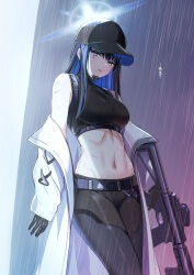 Rule 34 | 1girl, absurdres, baseball cap, bee doushi, black gloves, black hair, black hat, black pants, black shirt, blue archive, blue eyes, blue hair, blue halo, breasts, coat, colored inner hair, comiket 103, commentary request, gloves, gun, halo, hat, highres, holding, holding gun, holding weapon, long hair, long sleeves, looking at viewer, medium breasts, multicolored hair, navel, open clothes, open coat, open mouth, pants, rain, saori (blue archive), shirt, sleeveless, sleeveless shirt, solo, weapon, white coat