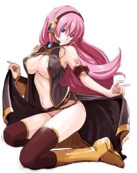 Rule 34 | 1girl, black thighhighs, blue eyes, boots, breasts, brown hairband, cleavage, closed mouth, clothes lift, covered erect nipples, floating hair, hair between eyes, hairband, headphones, headset, knee boots, kneeling, large breasts, lifted by self, long hair, medium skirt, megurine luka, navel, no panties, number tattoo, open clothes, open skirt, pink hair, ryouzou, shoulder tattoo, simple background, skirt, skirt lift, smile, solo, tattoo, thighhighs, very long hair, vocaloid, white background, yellow footwear