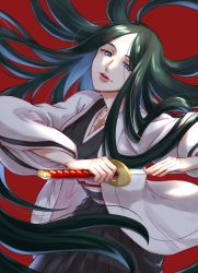Rule 34 | 1girl, black hair, bleach, blue eyes, breasts, haori, holding, holding sword, holding weapon, japanese clothes, katana, long hair, looking at viewer, open mouth, red background, scar, scar on chest, solo, soraao0322, sword, taichou haori, unohana retsu, very long hair, weapon, zanpakutou