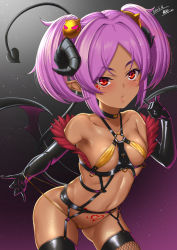 Rule 34 | 1girl, bare shoulders, black choker, black gloves, black thighhighs, breasts, choker, collarbone, commentary request, dark-skinned female, dark skin, dated, demon girl, demon horns, demon tail, demon wings, elbow gloves, eva (hq8nn1ef), fishnet thighhighs, fishnets, gloves, hair ornament, heart, heart choker, highres, horns, leaning forward, long hair, looking at viewer, navel, open mouth, original, pointy ears, pubic tattoo, purple hair, red eyes, shiny skin, signature, small breasts, solo, tail, tattoo, thighhighs, twintails, wings