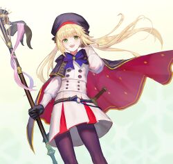 Rule 34 | 1girl, artoria caster (fate), artoria caster (second ascension) (fate), artoria pendragon (fate), black gloves, blonde hair, buttons, capelet, commentary request, double-breasted, dutch angle, fate/grand order, fate (series), gloves, green eyes, hand in own hair, hat, highres, long hair, long sleeves, looking at viewer, mage staff, multicolored capelet, pantyhose, short sword, skirt, smile, solo, staff, striped belt, sword, teeth, thighs, upper teeth only, waterstaring, weapon