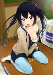Rule 34 | 1girl, :o, bad id, bad pixiv id, black hair, blue pantyhose, blurry, bra, bra pull, bra strap, breasts, brown eyes, cardigan, clothes pull, depth of field, full body, highres, k-on!, k-on! movie, pantyhose under shorts, looking at viewer, nakano azusa, nipples, off shoulder, open cardigan, open clothes, open mouth, pantyhose, pee, peeing, peeing self, puddle, round teeth, sailor collar, school uniform, shoes, shorts, sitting, small breasts, sneakers, soborou, solo, tears, teeth, twintails, underwear, wardrobe malfunction, wariza, wooden floor