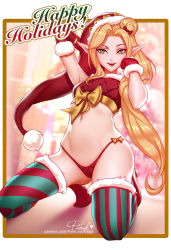 Rule 34 | 1girl, alternate costume, ambitious elf jinx, arm behind head, artist name, blonde hair, bustier, christmas, diagonal stripes, full body, fur trim, gloves, hair bun, hat, jinx (league of legends), league of legends, long hair, looking at viewer, mittens, navel, open mouth, panties, pink lady mage, pointy ears, red gloves, red lips, red panties, santa hat, side ponytail, single hair bun, smile, solo, stomach, string panties, striped clothes, striped thighhighs, thighhighs, underwear, vertical-striped clothes, vertical-striped thighhighs, very long hair