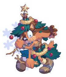 Rule 34 | 1girl, blue eyes, bracelet, brown fur, christmas, christmas ornaments, christmas tree, evan stanley, fighting stance, furry, hairband, highres, jewelry, looking at viewer, multicolored fur, necklace, orange fur, shoes, sleeveless, snowflakes, sonic (series), sonic boom (series), star (symbol), stick, sticks the badger, tank top, wood