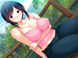 Rule 34 | 1girl, blue eyes, blue hair, blush, breasts, cleavage, cloud, denim, covered erect nipples, forest, game cg, hanitsuma, hanitsuma append disc &ldquo;cosplay tengoku&rdquo;, jeans, large breasts, legs, looking at viewer, matching hair/eyes, mountain, nature, pants, shinonome kazuhiko, sitting, sky, smile, solo, thighs, tree