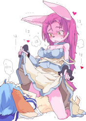 Rule 34 | 1boy, 1girl, animal ears, blue hair, character request, clothes lift, cowgirl position, dress, dress lift, furry, girl on top, hetero, highres, long hair, open mouth, pink hair, rabbit ears, sex, simple background, spoken blush, straddling, strap slip, tomatojam, white background, zakuzaku actors