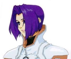 Rule 34 | 1girl, androgynous, armor, breastplate, green eyes, lowres, miang hawwa, purple hair, short hair, simple background, solo, white background, xenogears
